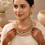 Peach Pearl Kundan Necklace Set - Image 2
